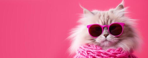 ai generato bandiera di carino gatto indossare rosa filato, occhiali da sole isolato su rosa sfondo. foto