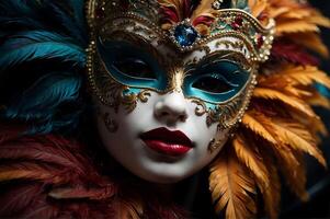 ai generato donne indossare lusso carnevale maschere decorato con piume, oro, e gioielleria. vicino su. generativo ai foto