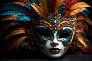 ai generato lusso carnevale maschere decorato con piume, oro, e gioielleria. vicino su...generativo ai foto