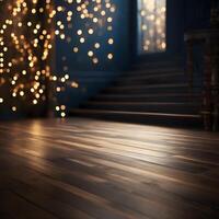 ai generato vuoto di legno pavimento con bokeh leggero effetto su palcoscenico sfondo buio sfondo palcoscenico sfondo foto