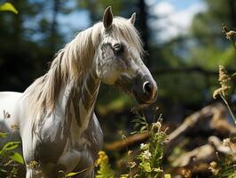 ai generato ritratto di un' cavallo nel il foresta. foto