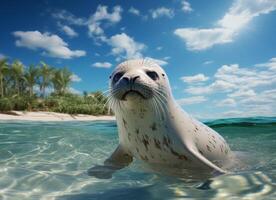 ai generato foca nel il acqua su un' sfondo di palma alberi e blu cielo foto