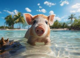 ai generato carino maiale nuoto nel tropicale mare, estate vacanza concetto. foto