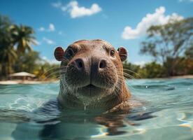 ai generato ritratto di un' ippopotamo nuoto nel tropicale mare foto