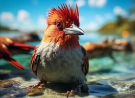rosso headed cardinale uccello su il riva di il mediterraneo mare foto