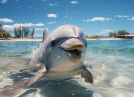 ai generato delfino nuotate nel il mare con spruzzi di acqua. foto