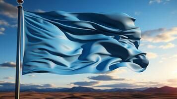 ai generato 3d interpretazione di un' blu bandiera agitando nel il vento contro un' nuvoloso cielo foto