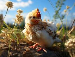 ai generato pollo nel il prato su un' sfondo di fiori selvatici foto