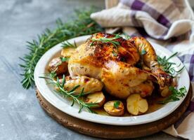 ai generato arrostito pollo con spezie su rustico cucina foto