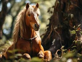 ai generato ritratto di un' cavallo nel il foresta. foto