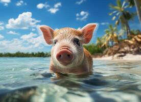carino maiale nuoto nel tropicale mare, estate vacanza concetto. foto