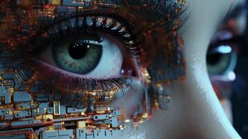 ai generato artificiale intelligenza concetto. vicino su di umano occhio con circuito tavola. foto