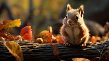 ai generato rosso scoiattolo seduta su un' log nel il foresta foto