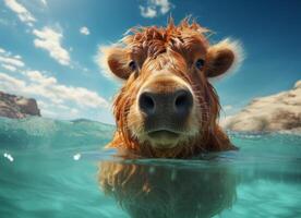 carino rosso mucca nuoto nel il mare acqua con blu cielo sfondo foto