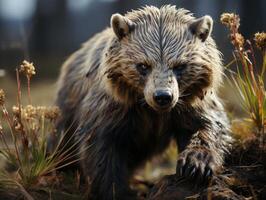 ai generato ghiottone nel suo habitat vicino su ritratto foto