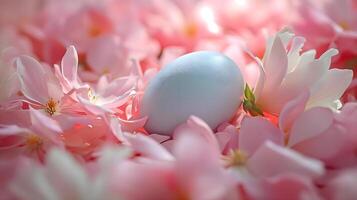 ai generato un' bianca uovo seduta su superiore di un' mucchio di rosa fiori foto
