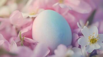 ai generato un' blu e bianca uovo seduta su superiore di rosa fiori foto