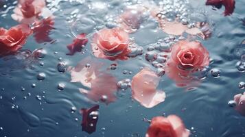 ai generato rosa e petali galleggiante su il acqua. estetico sfondo fotografia ai generativo foto