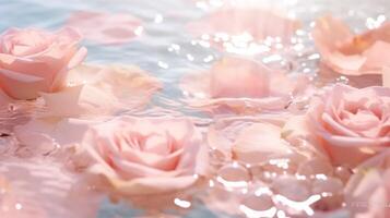 ai generato rosa e petali galleggiante su il acqua. estetico sfondo fotografia ai generativo foto