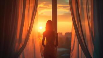 ai generato donna in piedi di il finestra nel il crepuscolo nel il mattina si apre il tende. foto
