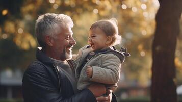 ai generato dai capelli grigi Nonno abbraccia la gioia, Tenere nipote nel il parco. commovente famiglia legame, la creazione di contento vacanza ricordi all'aperto. amato momenti di interconnesso felicità foto