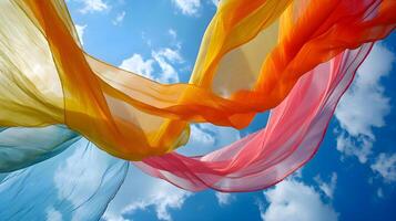 ai generato un' colorato sciarpa volante nel il aria su un' soleggiato giorno foto