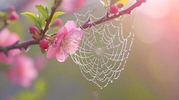 ai generato un' vicino su di un' ragno ragnatela su un' fiore foto