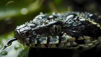 ai generato un' vicino su di un' serpente su un' foglia foto