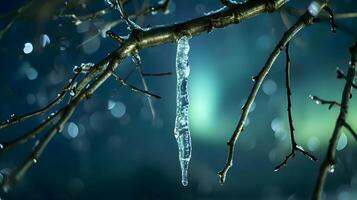 ai generato un' albero ramo con ghiaccio sospeso a partire dal esso foto