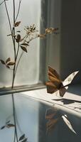 ai generato un' carta farfalla seduta su superiore di un' bicchiere tavolo foto