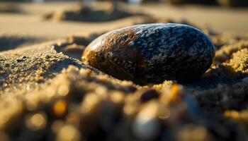 ai generato un' roccia seduta su superiore di un' sabbioso spiaggia foto