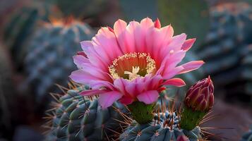 ai generato un' rosa fiore è fioritura su un' cactus foto