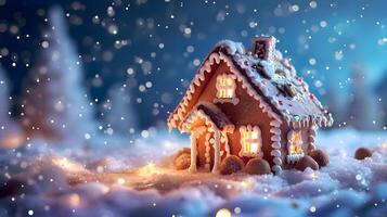 ai generato un' piccolo Natale Casa con luci nel il neve foto