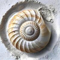 ai generato un' mare conchiglia su un' sabbioso spiaggia nel il sabbia foto