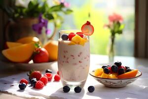 ai generato delizioso Yogurt con fresco frutti di bosco nel un' bicchiere foto