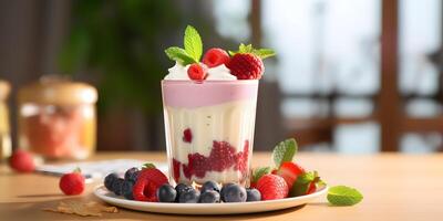 ai generato frutta Yogurt frullato con fresco frutti di bosco nel un' bicchiere foto