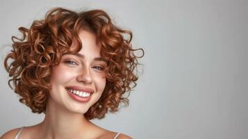 ai generato donna con Riccio bellissimo capelli su grigio sfondo. ragazza con bellezza un' piacevole Sorridi. corto ondulato acconciatura foto