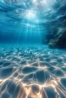 ai generato subacqueo Visualizza di corallo scogliera con raggi di sole e raggi di leggero foto