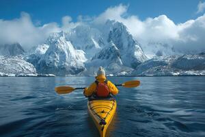 ai generato kayaker nel un' freddo mare contro il fondale di freddo montagnoso artico sponde foto