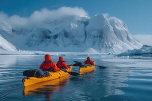 ai generato kayak su un' mare kayak nel artico regione contro il fondale di appariscente costa foto