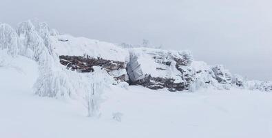 cresta di snow-capped rocce nel un' cupo inverno paesaggio foto