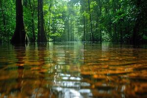 ai generato fiume nel un' allagato tropicale foresta illuminato di il sole foto