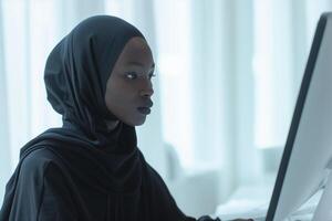 ai generato giovane africano donna nel hijab utilizzando computer nel un' bianca ufficio interno foto