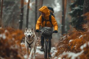 ai generato rauco cane corre con un' ciclista su un' turismo foto