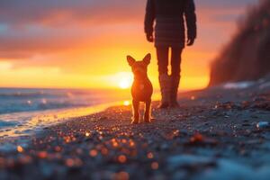 ai generato camminare con un' piccolo cane lungo il riva del mare nel inverno foto