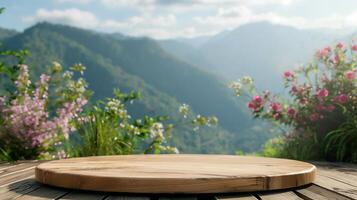 ai generato podio modello il giro di legno piedistallo con sfocatura natura sfondo. sfondo per naturale cosmetici e il branding foto