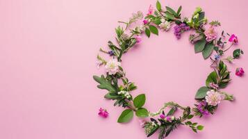 ai generato ghirlanda fatto di bellissimo fiori e verde le foglie su pallido rosa sfondo, piatto posizione. spazio per testo foto