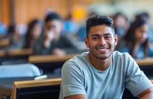 ai generato accademico gioia latino studenti aula Sorridi foto