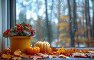 ai generato ringraziamento finestra fascino, zucche e belladonna su acero le foglie foto