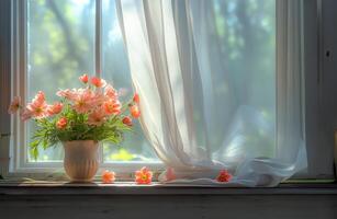 ai generato vivace fiori adornare un' finestra Visualizza foto